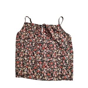 Floral Halter Cami Tank Top XL Black Pink Ditsy Keyhole Tie Neck Spaghetti Strap